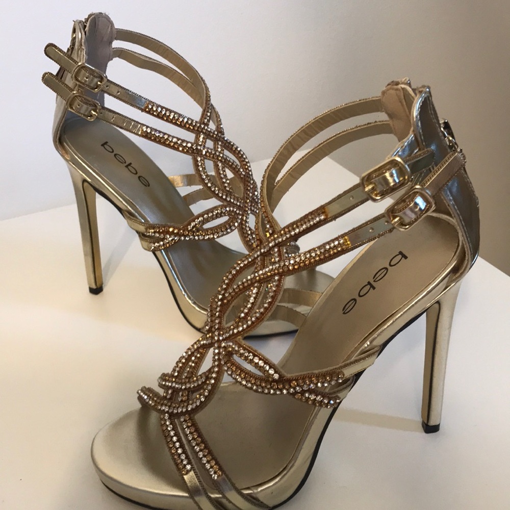New Rare Bebe gold rhinestone heels. Beautiful! - Picture 1 of 6